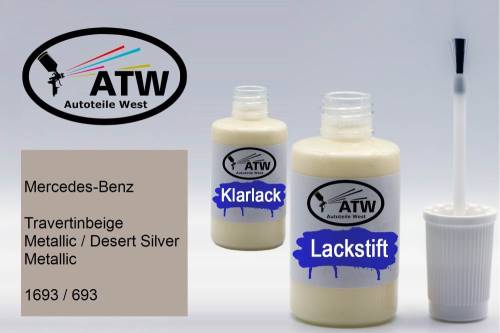 Mercedes-Benz, Travertinbeige Metallic / Desert Silver Metallic, 1693 / 693: 20ml Lackstift + 20ml Klarlack - Set, von ATW Autoteile West.